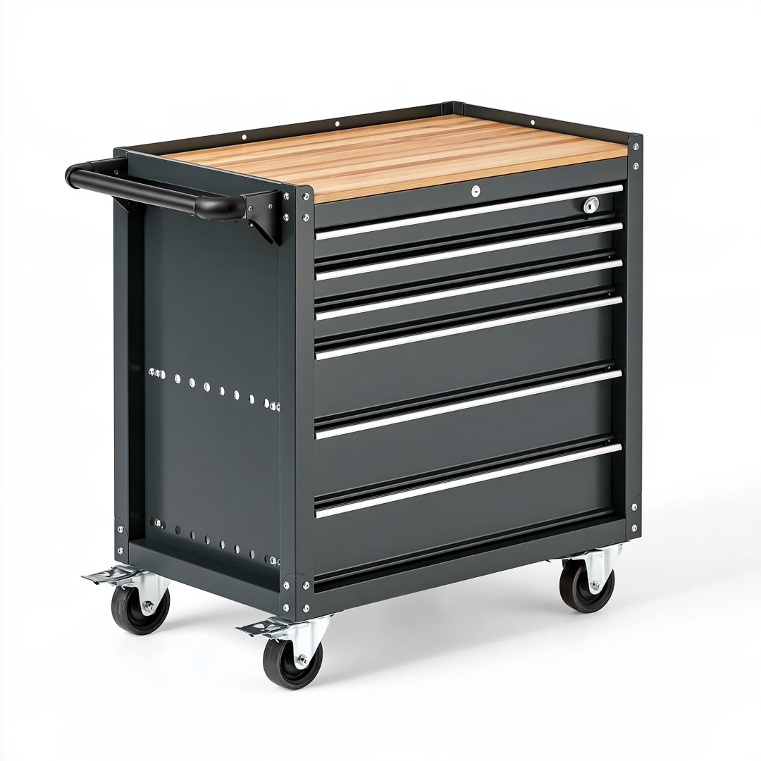 Servante d'atelier 77 x 46 x 96 cm en acier noir avec plateau en bois et tiroirs verrouillables