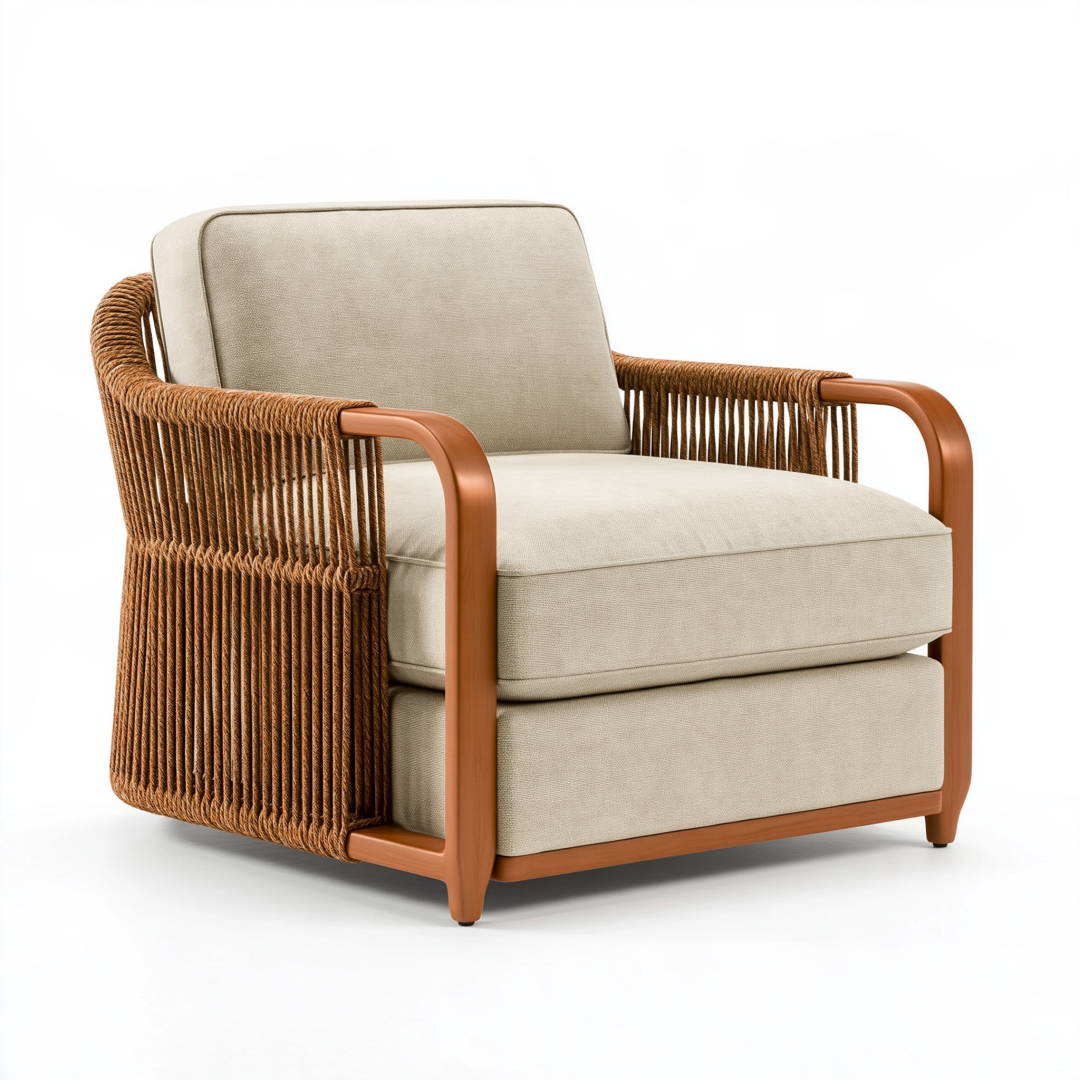 Fauteuil de jardin 78 x 82 x 85 cm en corde tressée beige et bois style contemporain