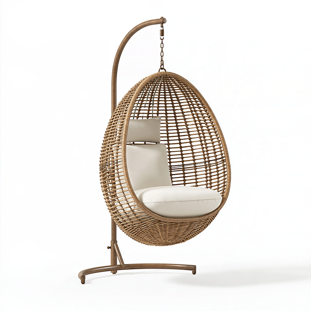Fauteuil suspendu 105 x 105 x 195 cm en fibres tressées marron style bohème avec support métallique