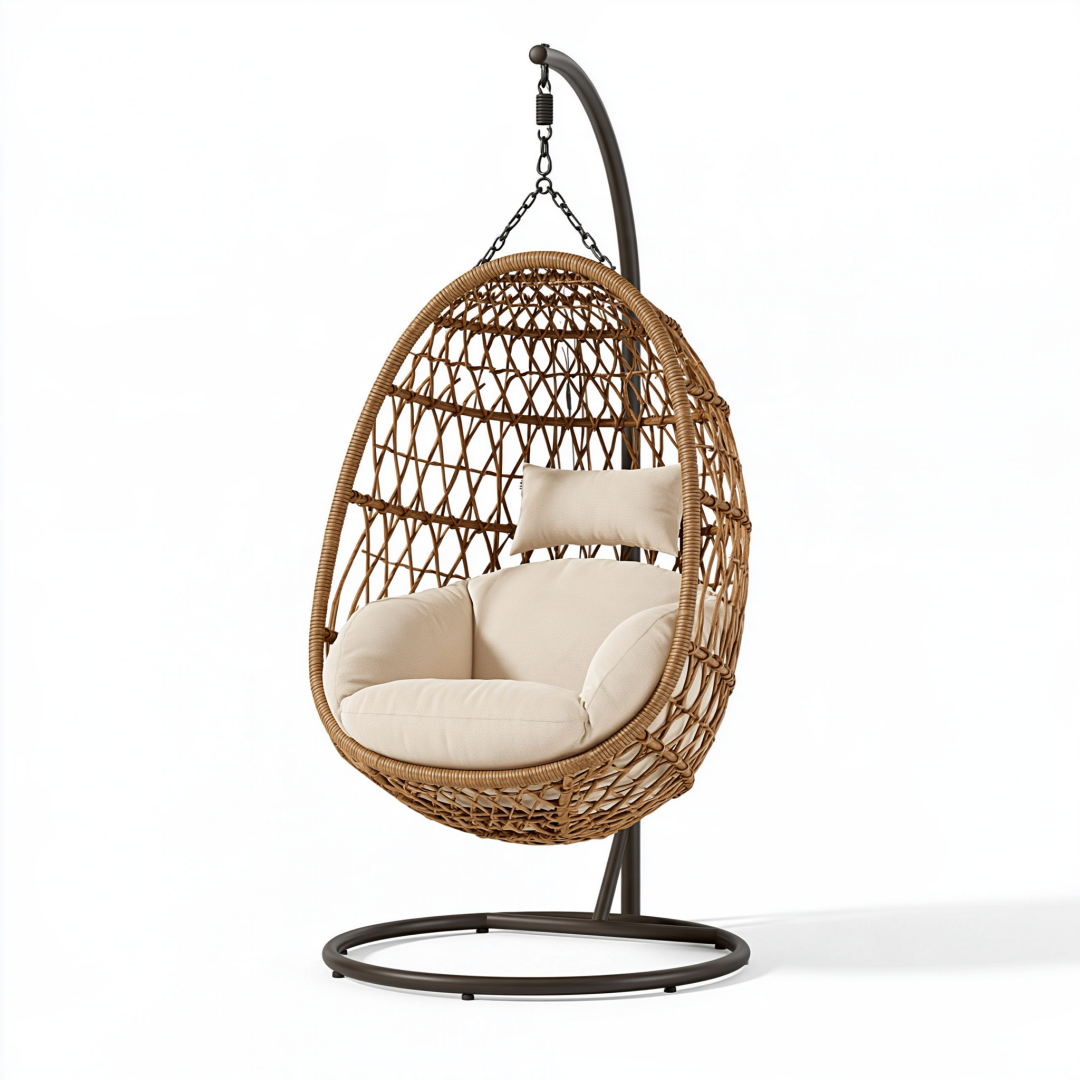 Fauteuil suspendu 105 x 105 x 195 cm en rotin brun avec support en métal style bohème